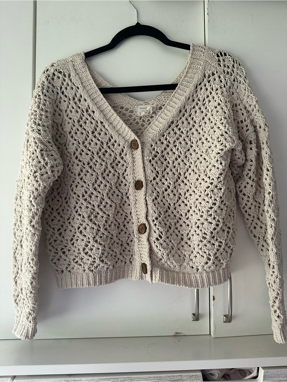🧥 Nicole Miller Artelier Cream Crochet Knit Cardigan Sweater Size M Boho